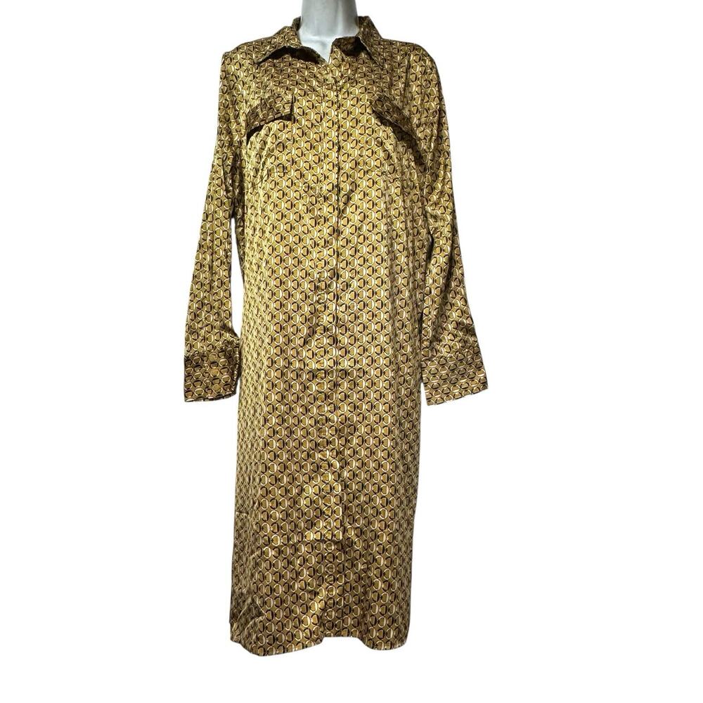 Trish Scully Shirt Dress Size 12 Gold Brown Geometric Print Long Sleeve Retro